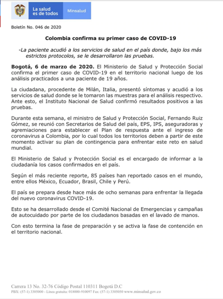 Comunicado primer caso de coronavirus colombia