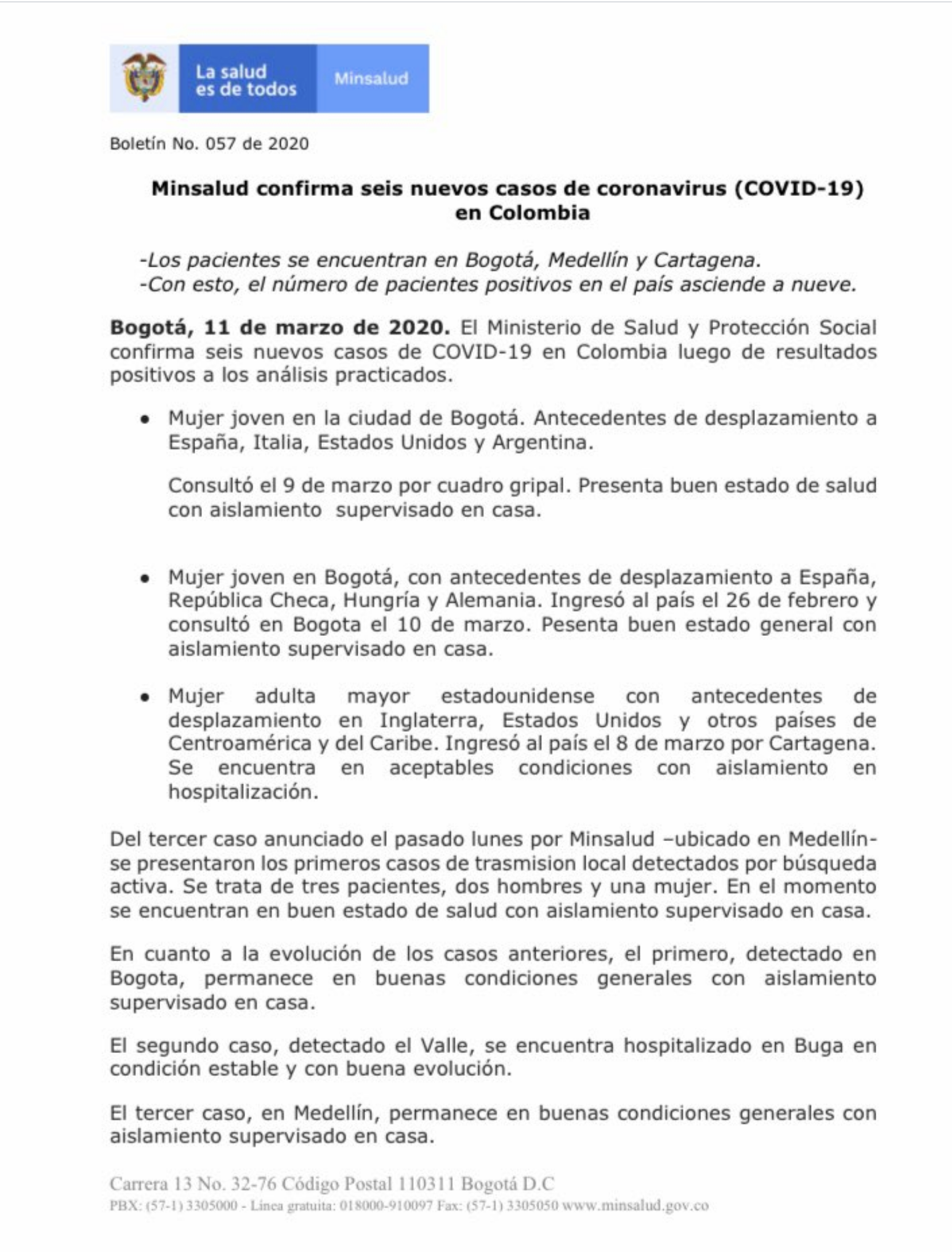 Comunicado Colombia Coronavirus