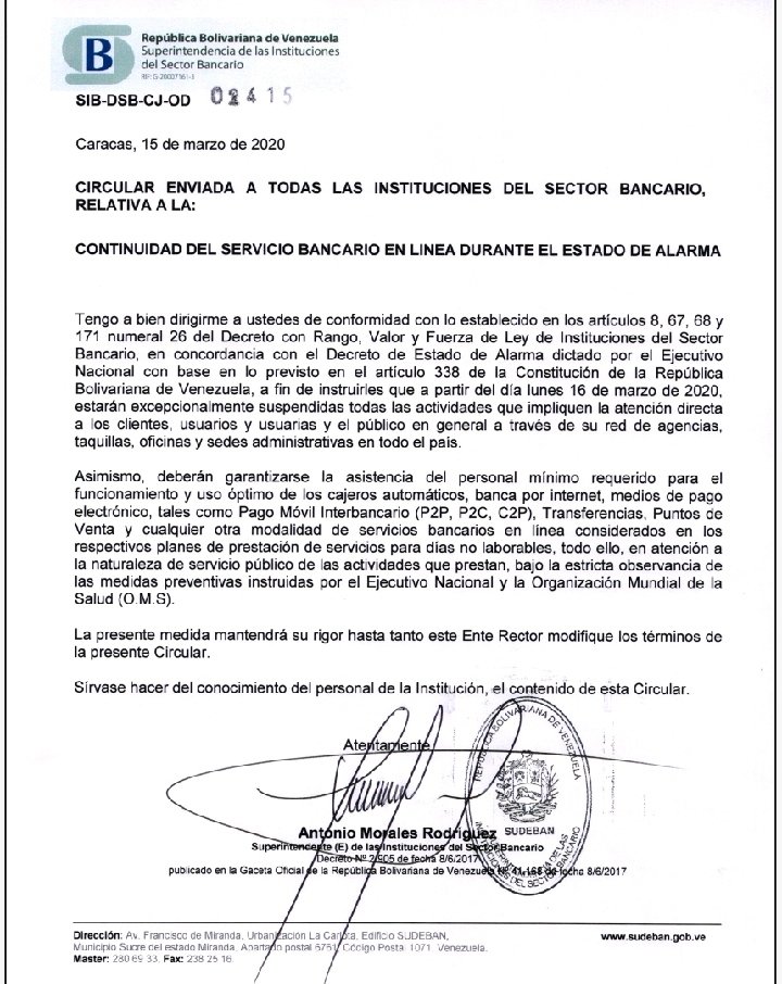 Comunicado Sudeban Coronavirus