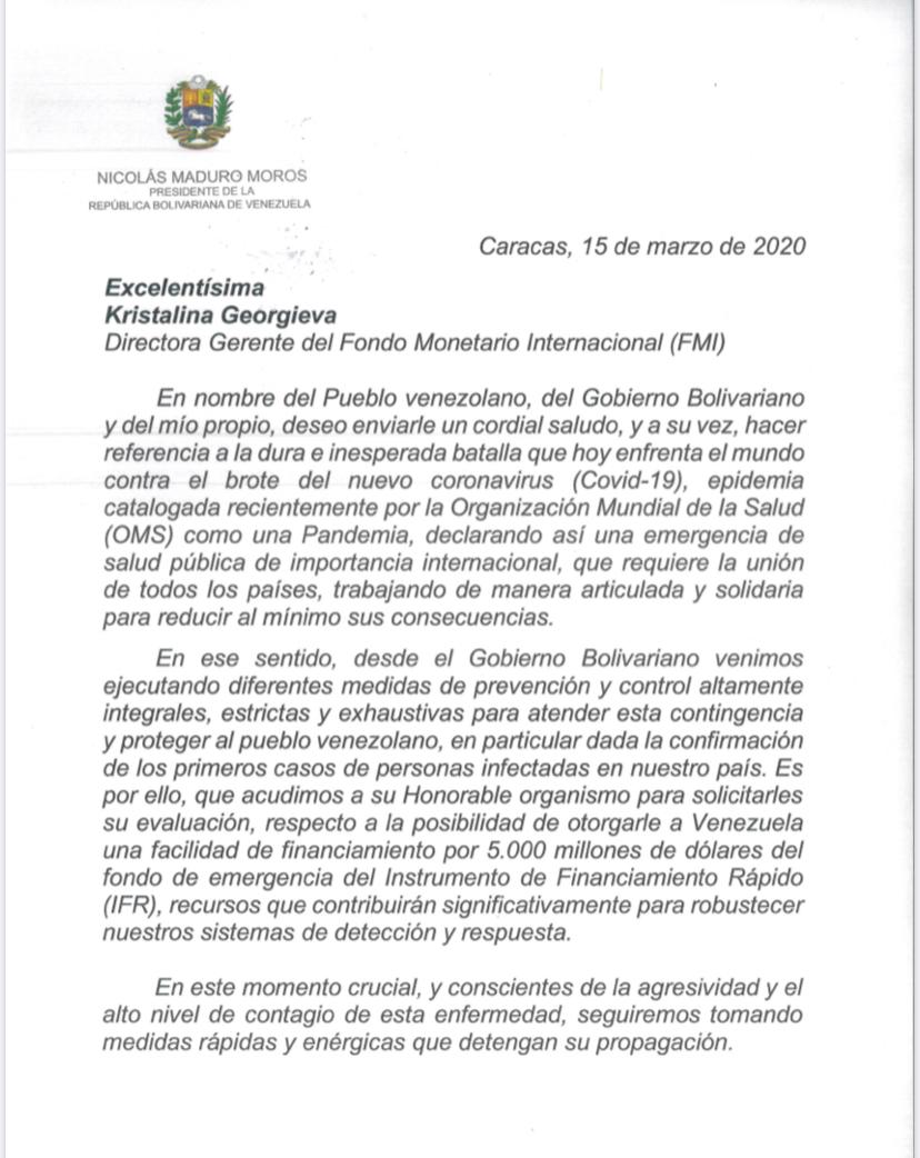 Carta digitalizada enviada por Maduro al FMI