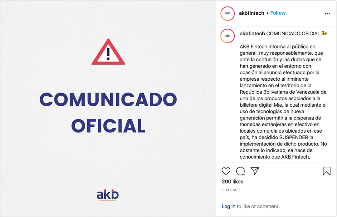 Comunicado completo emitido por AKB Fintech donde informan sobre la suspensión de cajeros automáticos dispensadores de dólares en Venezuela