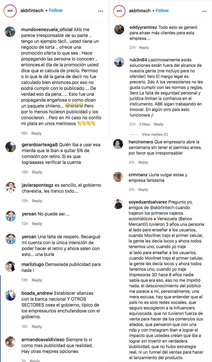 Comentarios negativos ante el comunicado emitido por AKB Fintech donde informan sobre la suspensión de cajeros automáticos dispensadores de dólares en Venezuela
